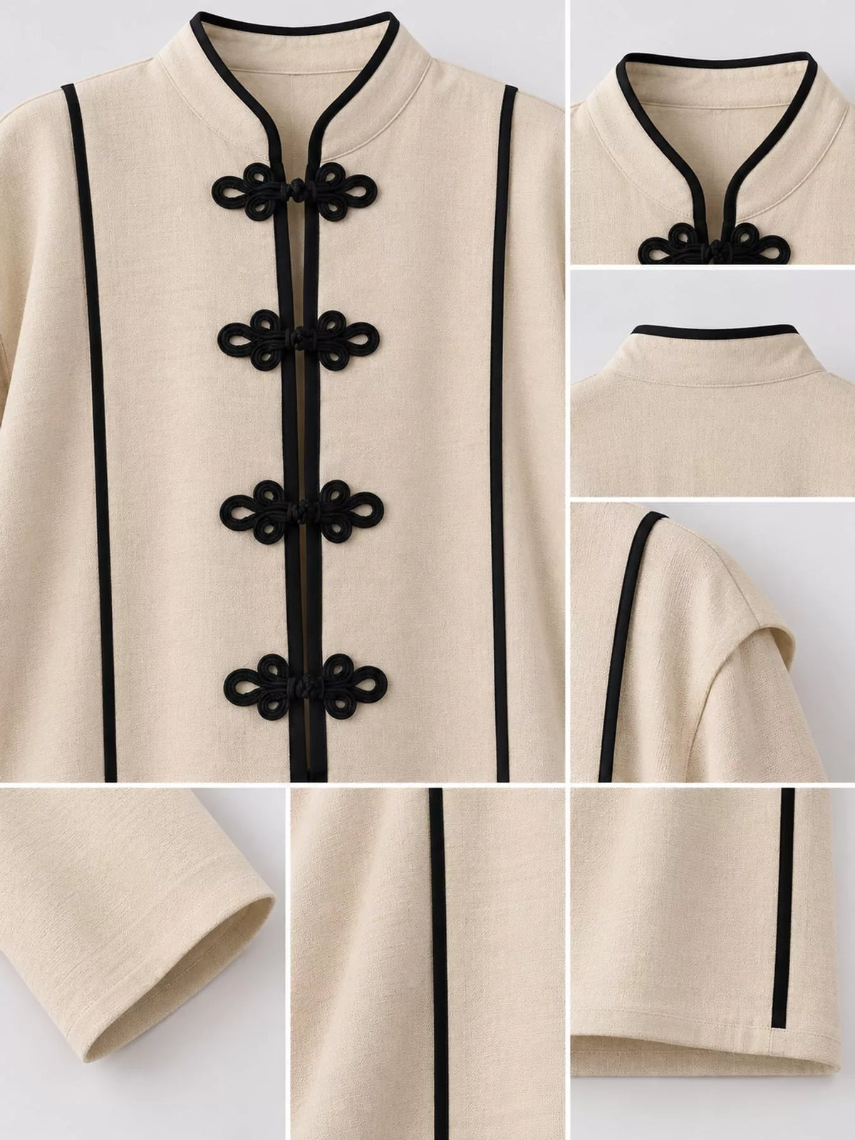 Cream chinese-style mandarin collar blouse, frog closures, contrast trim, and sleeve details
