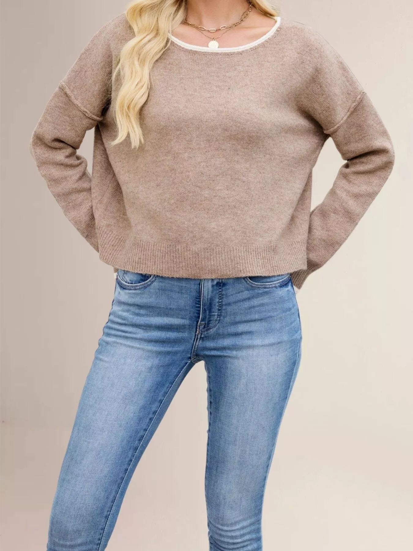 Trendsi Contrast Trim Dropped Shoulder Sweater -