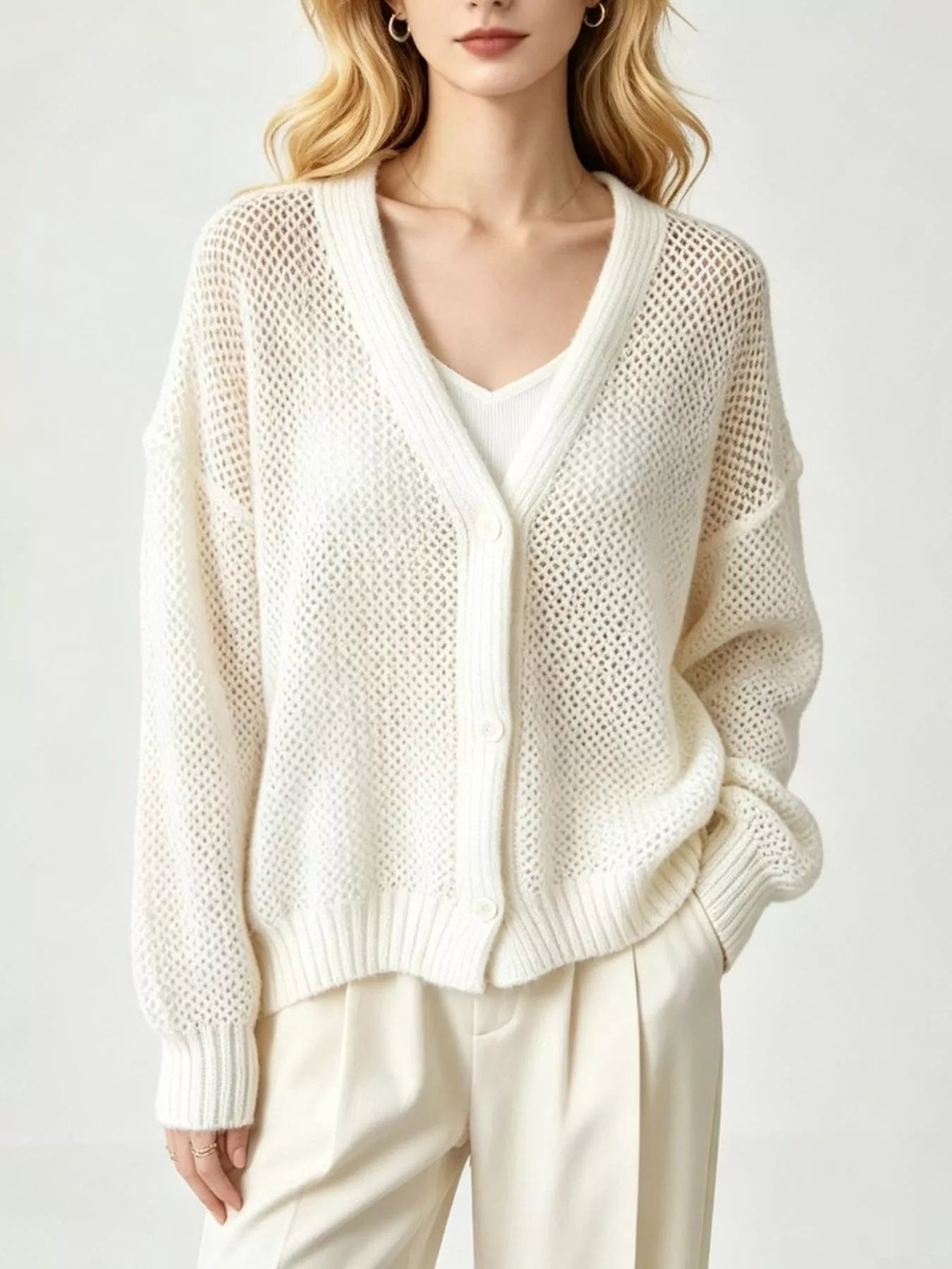 Trendsi V-Neck Open-Knit Button-Down Cardigan -