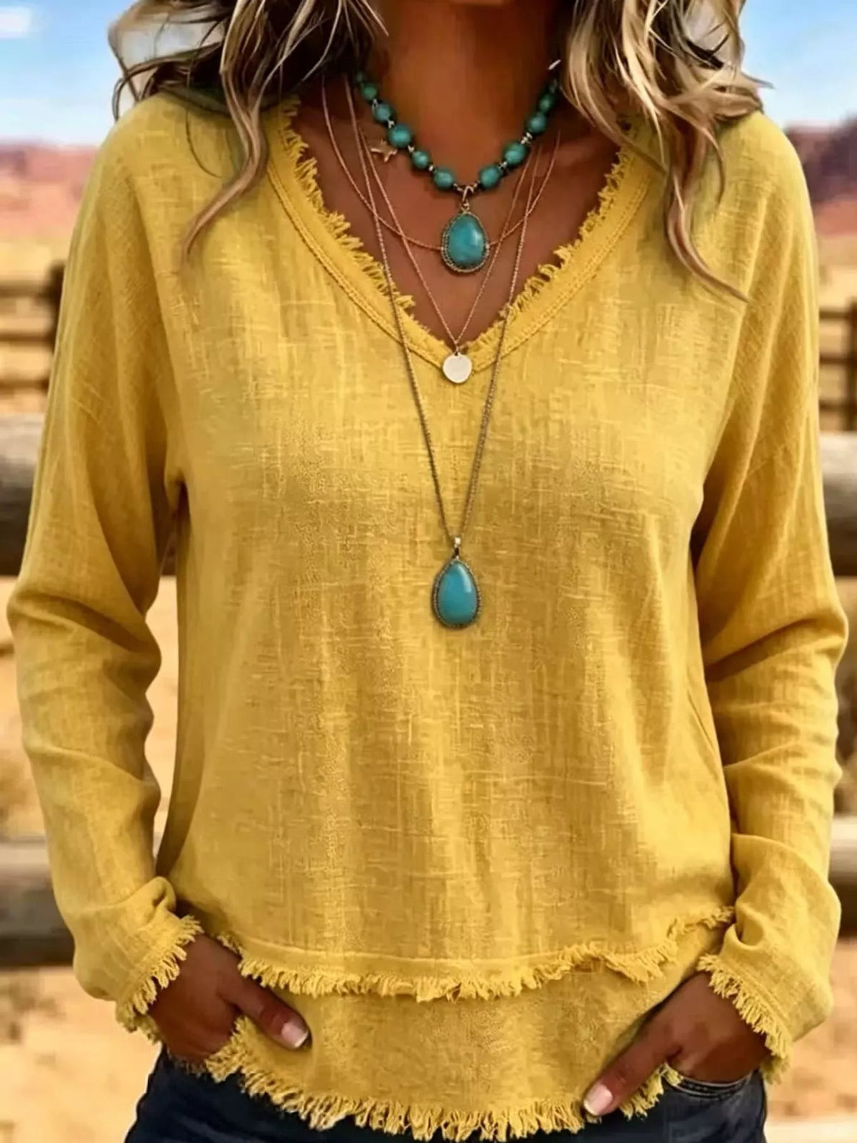 Frayed-hem blouse, yellow front on model