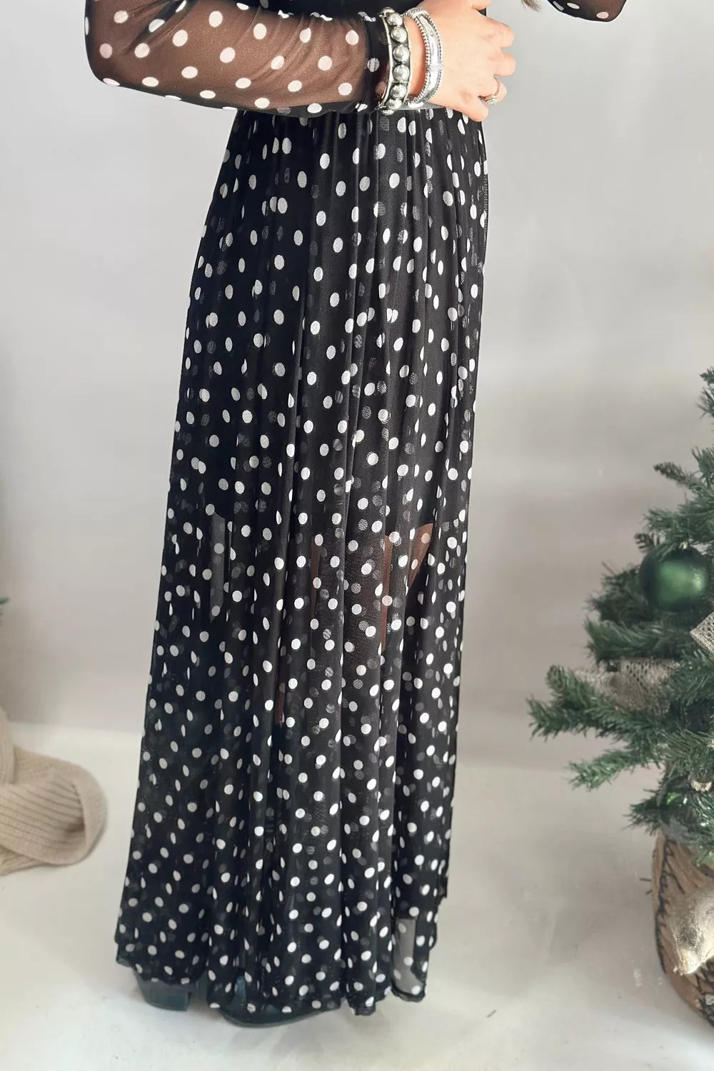 Women's Polka Dot Sheer Mesh Long Sleeve Maxi Dress in Black, alternate view
