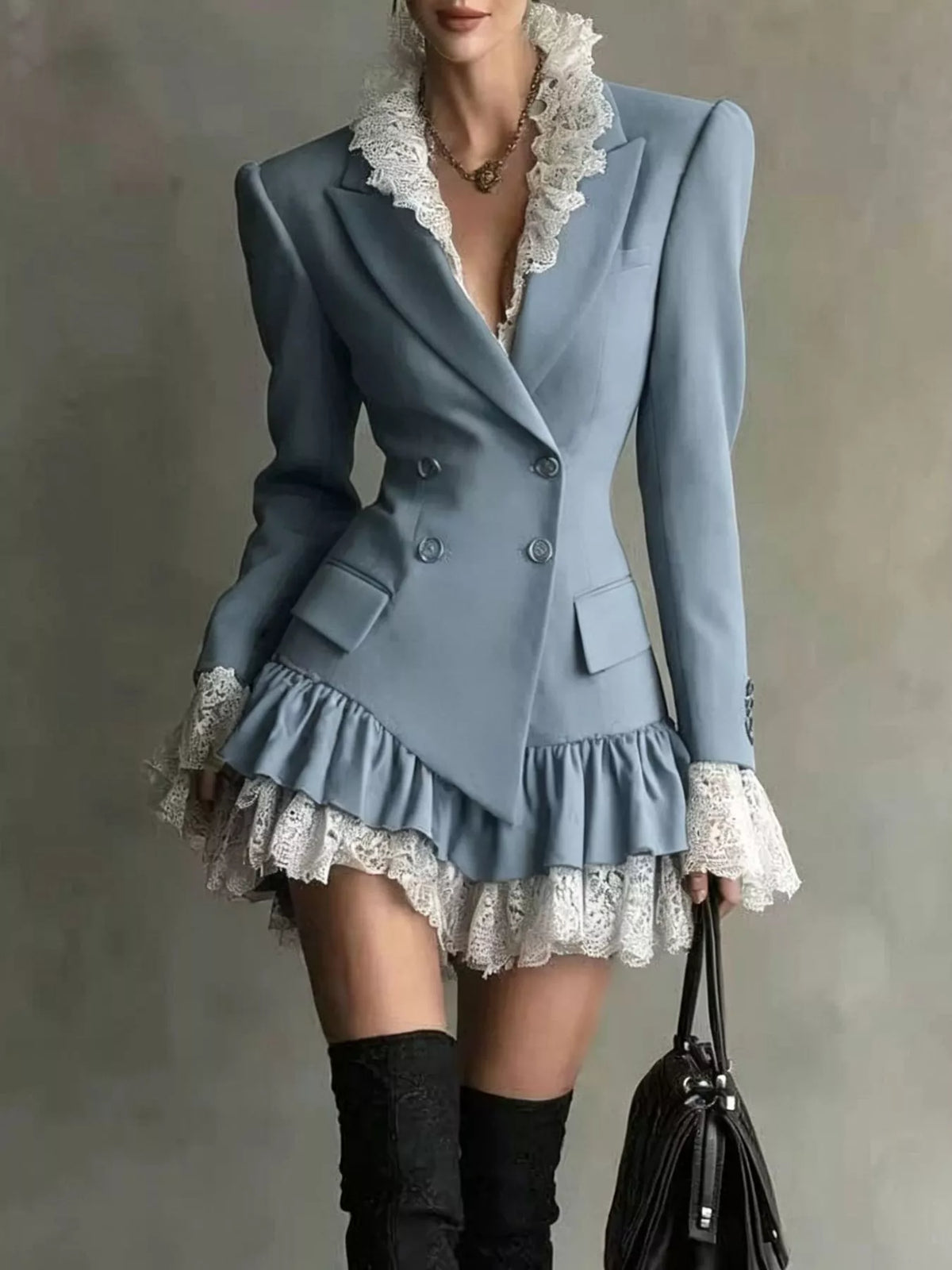 Collared long sleeve mini dress, front view on model