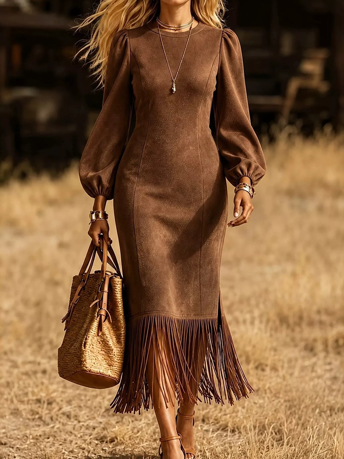 Fringe Balloon Sleeve Midi Dress in brown, front view