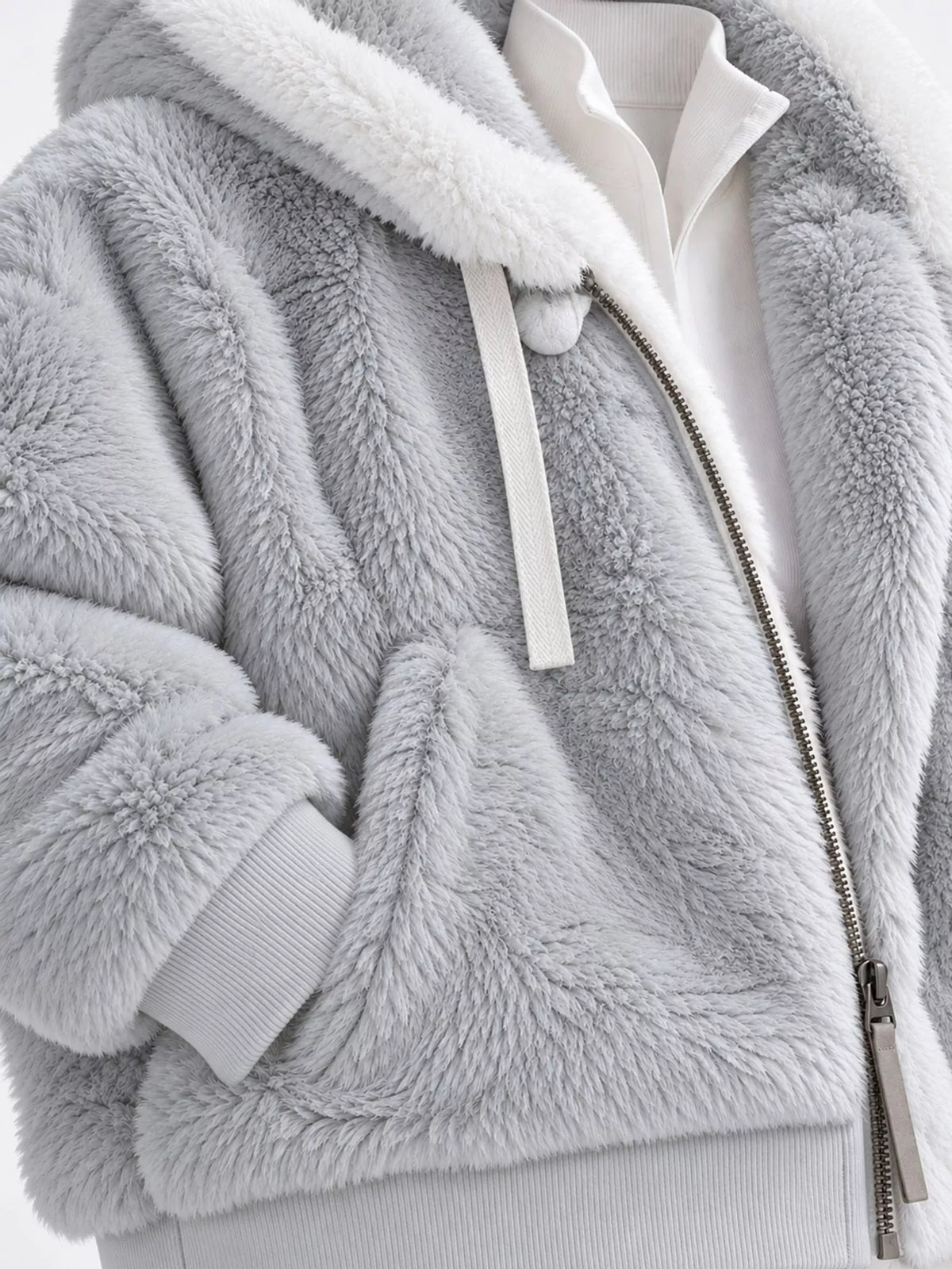 Gray with white hood trim faux fur zip up hooded jacket, detail view