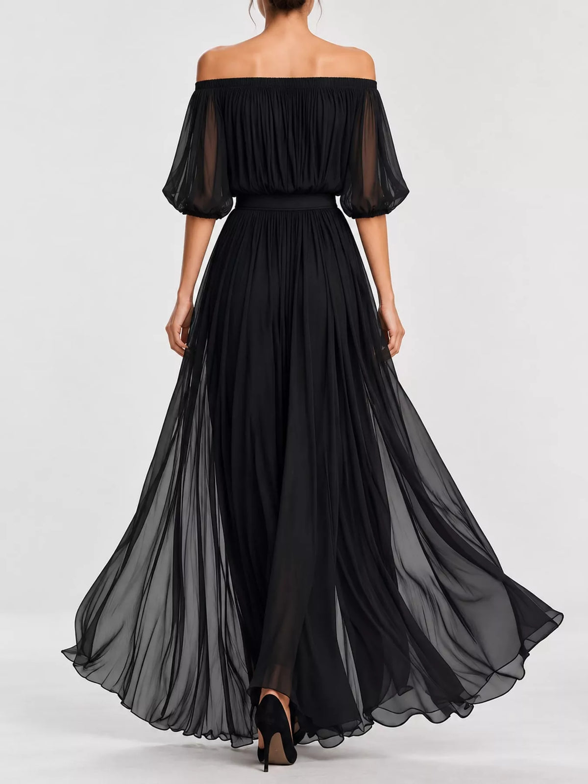 Black off shoulder ruched chiffon maxi dress, back view