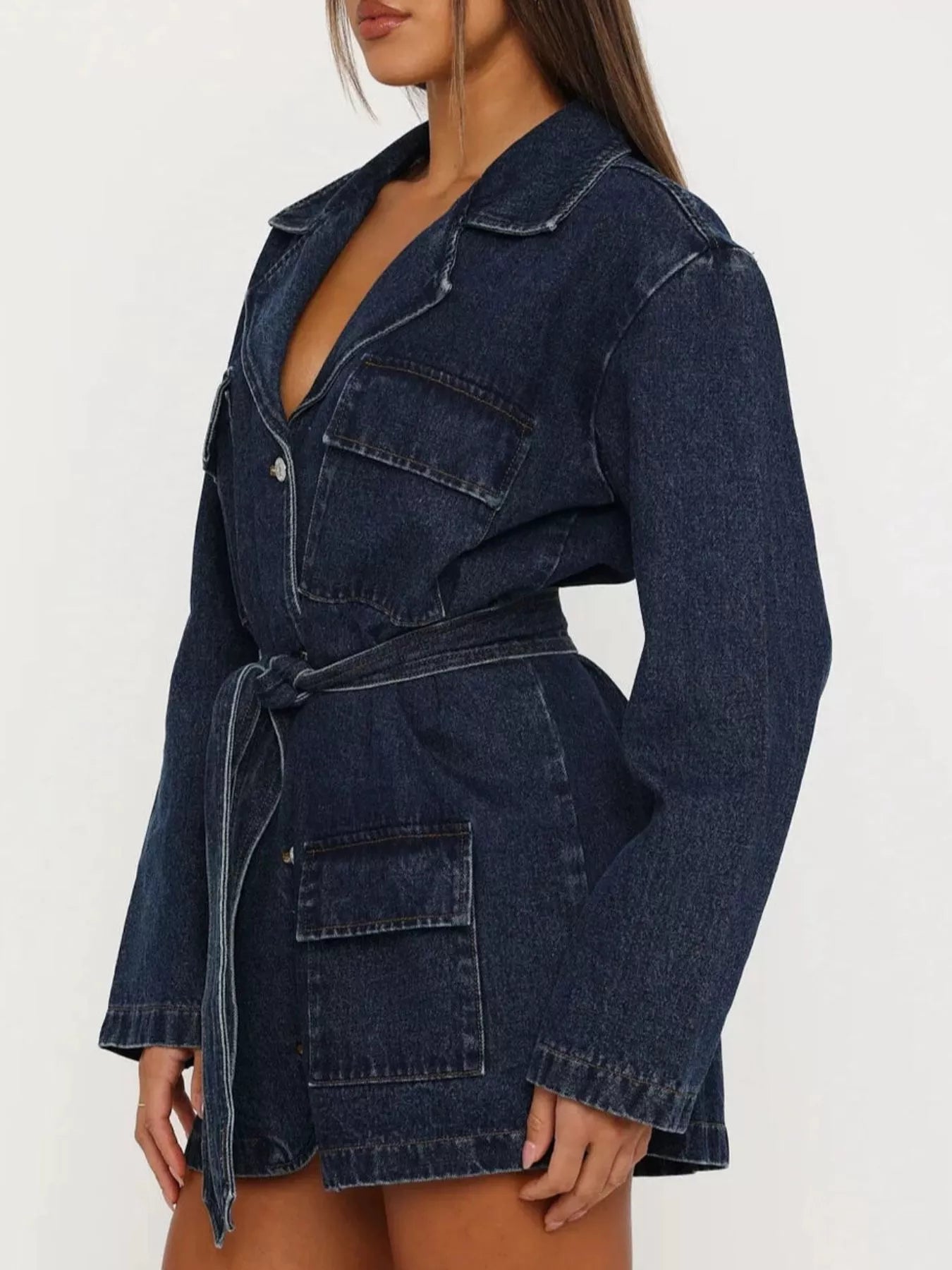 Trendsi Long Sleeve Longline Denim Jacket with Belt -