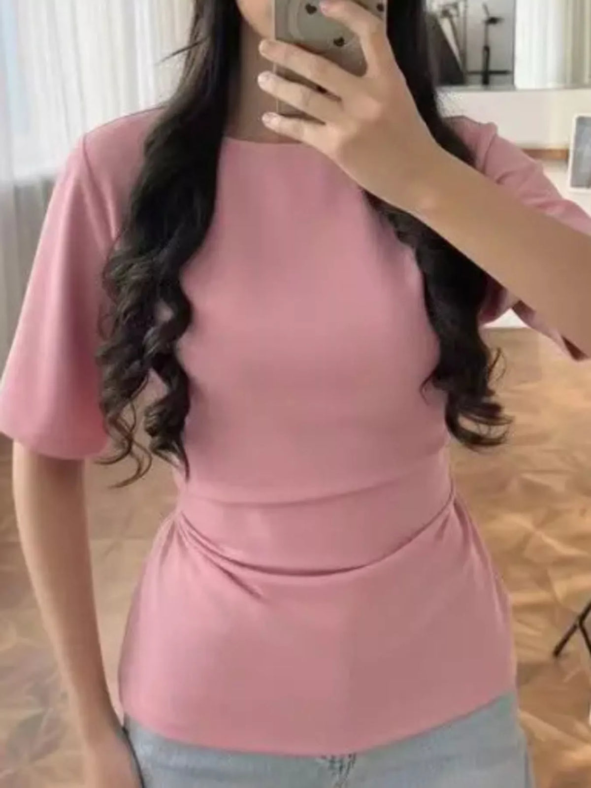 Pink tie back round neck short sleeve t shirt, front view