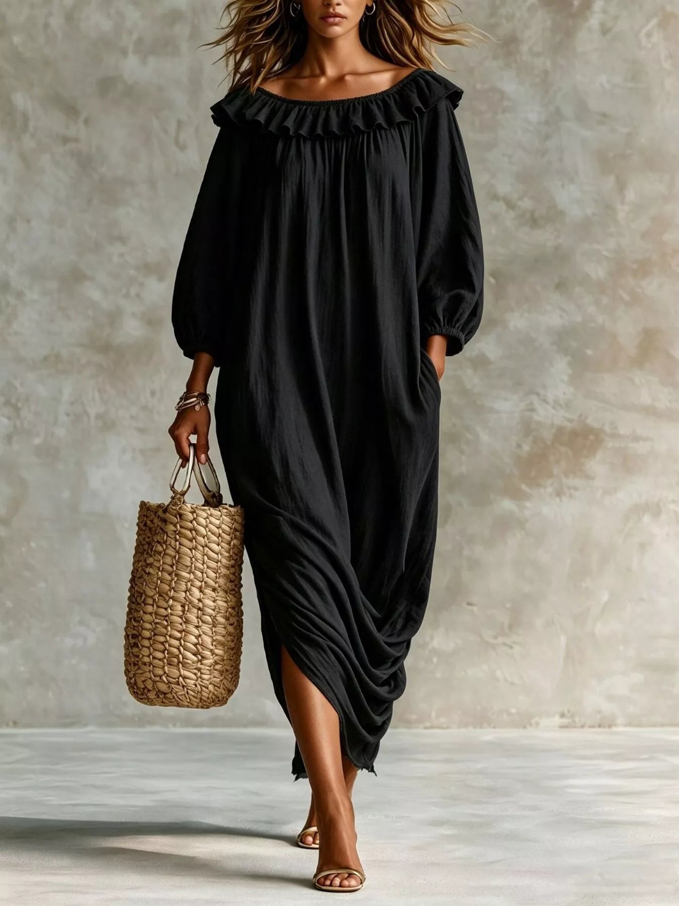 Trendsi Ruffled Boat Neck Ruched Midi Dress -