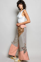 Trendsi POL Striped Floral Patchwork Wide leg Pants with Side Big Star Patch -