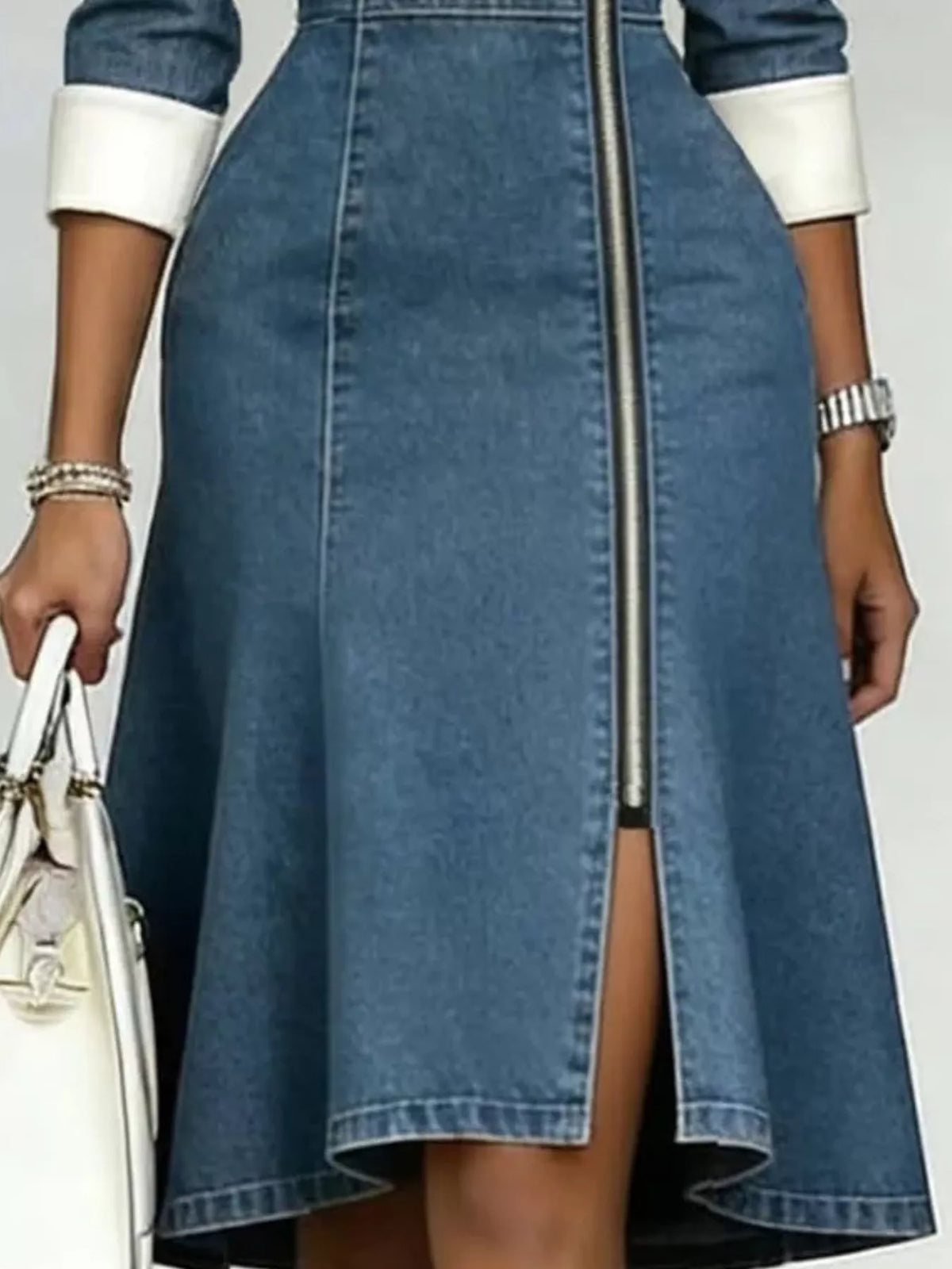 Trendsi Full Size Contrast Lapel Zip-Front Denim Dress Plus Size -
