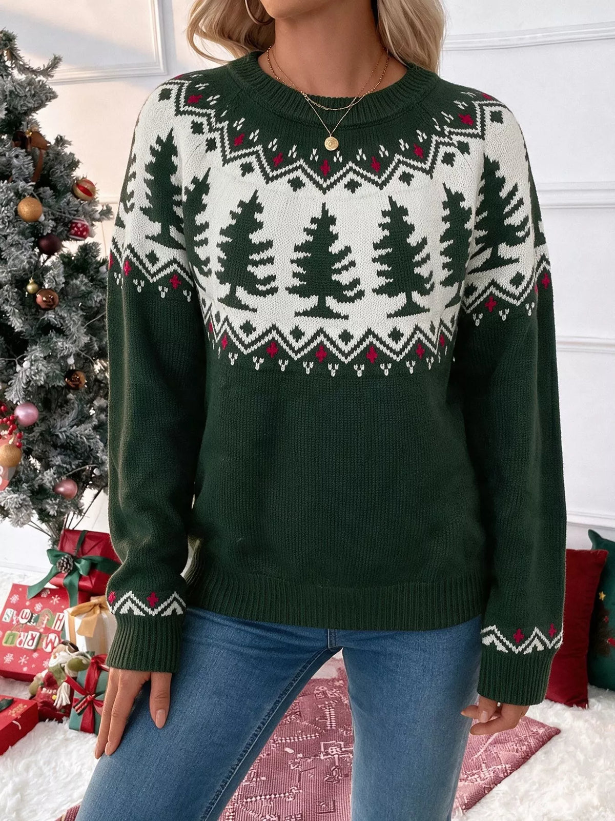 Dark green Christmas tree sweater, patterned yoke view