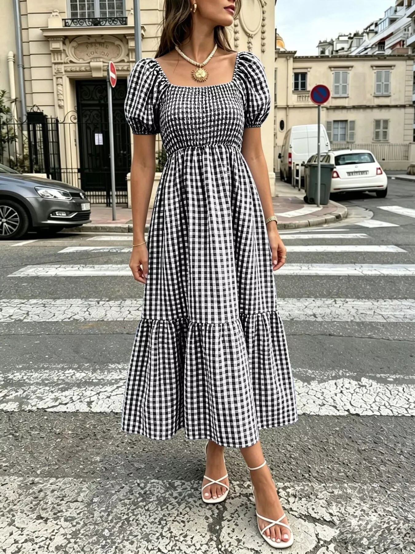 Trendsi Gingham Smocked Puff Sleeve Midi Dress -