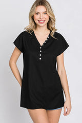 Trendsi Heimish Full Size Front Button V-Neck Short Sleeve T-Shirt -