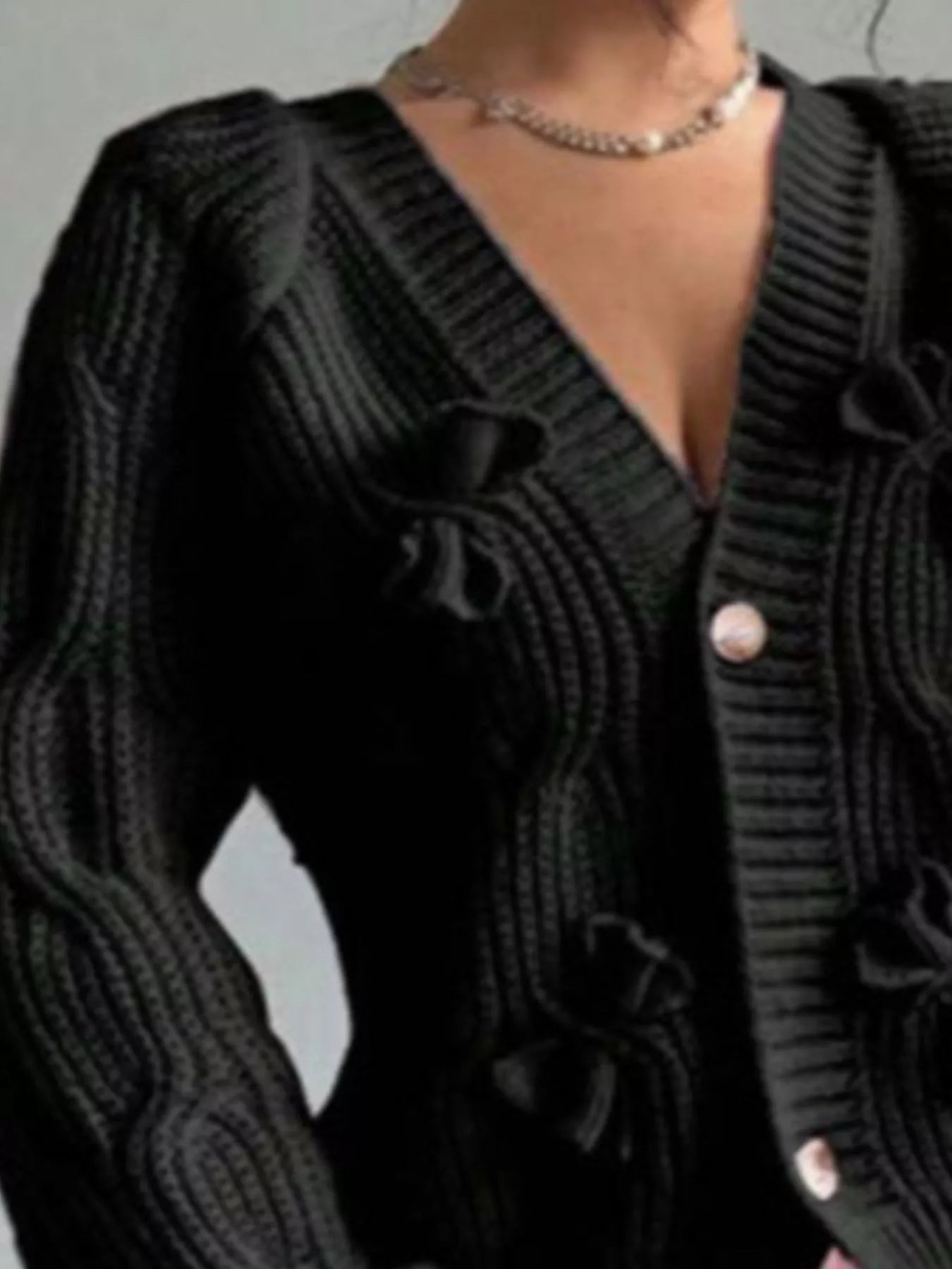 Trendsi Bow Cable Knit V-Neck Cardigan -