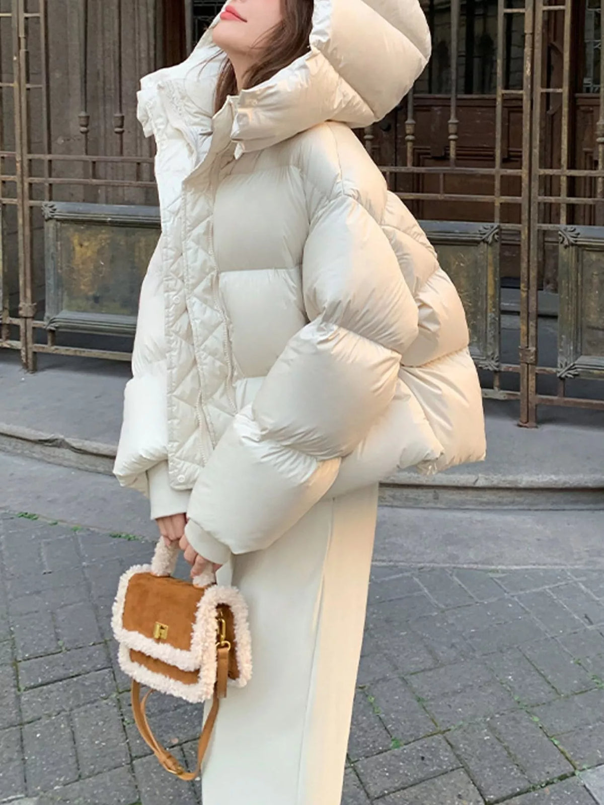 Cream quilted hooded puffer jacket, hooded side view