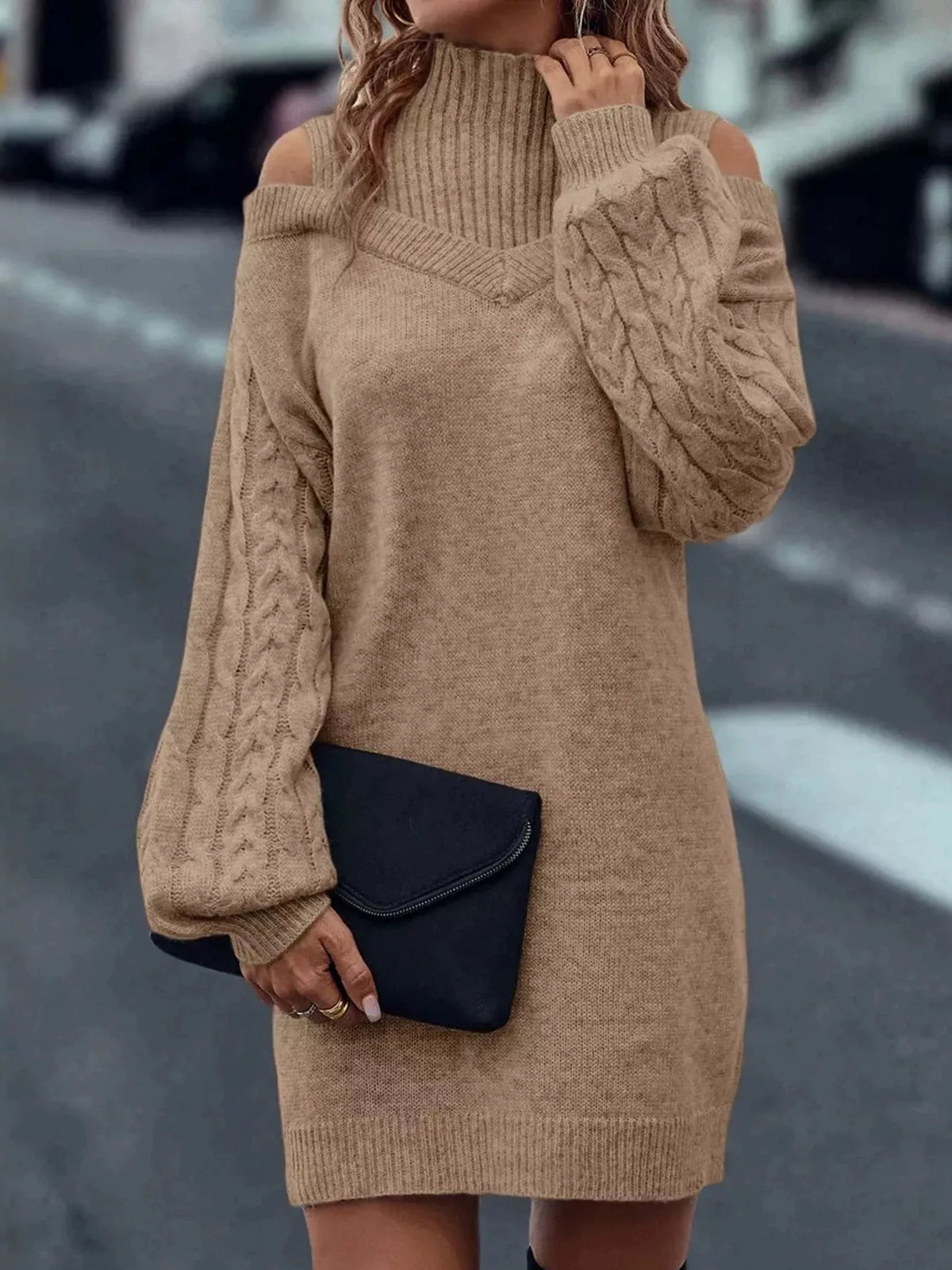 Beige cold shoulder cable knit mock neck sweater dress, front view