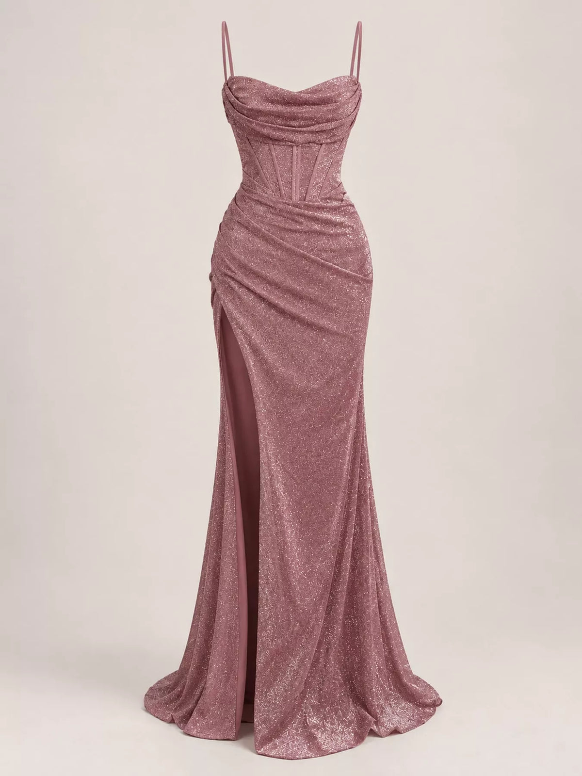 Pink high-slit glitter maxi evening dress — front view