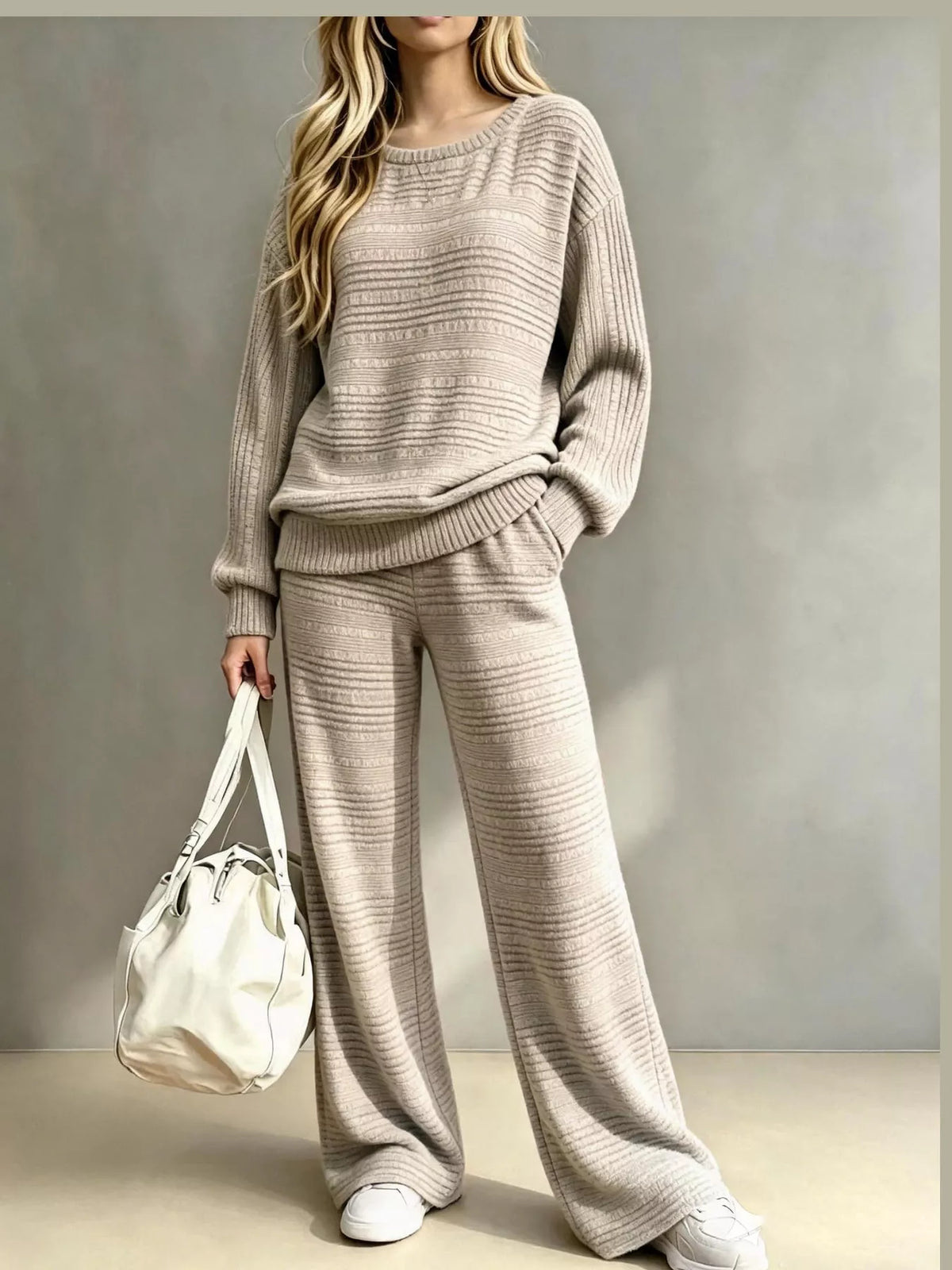 Ribbed Knit Top and Wide-Leg Pants Set — front view