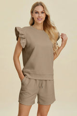 Trendsi Double Take Full Size Texture Round Neck Ruffle Sleeve Top and Shorts Set -