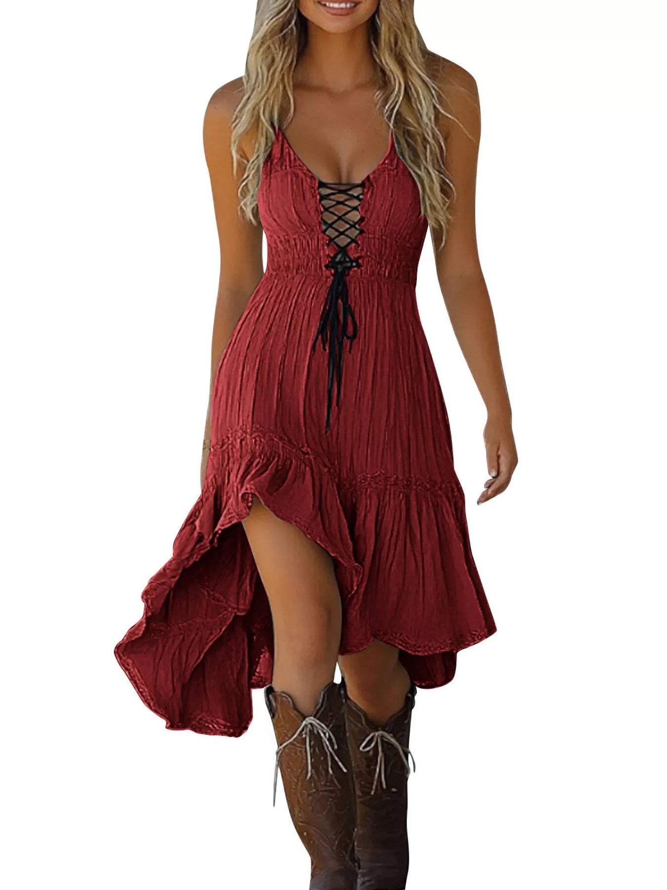 Trendsi Lace-Up Front High-Low Ruffle Hem Dress -
