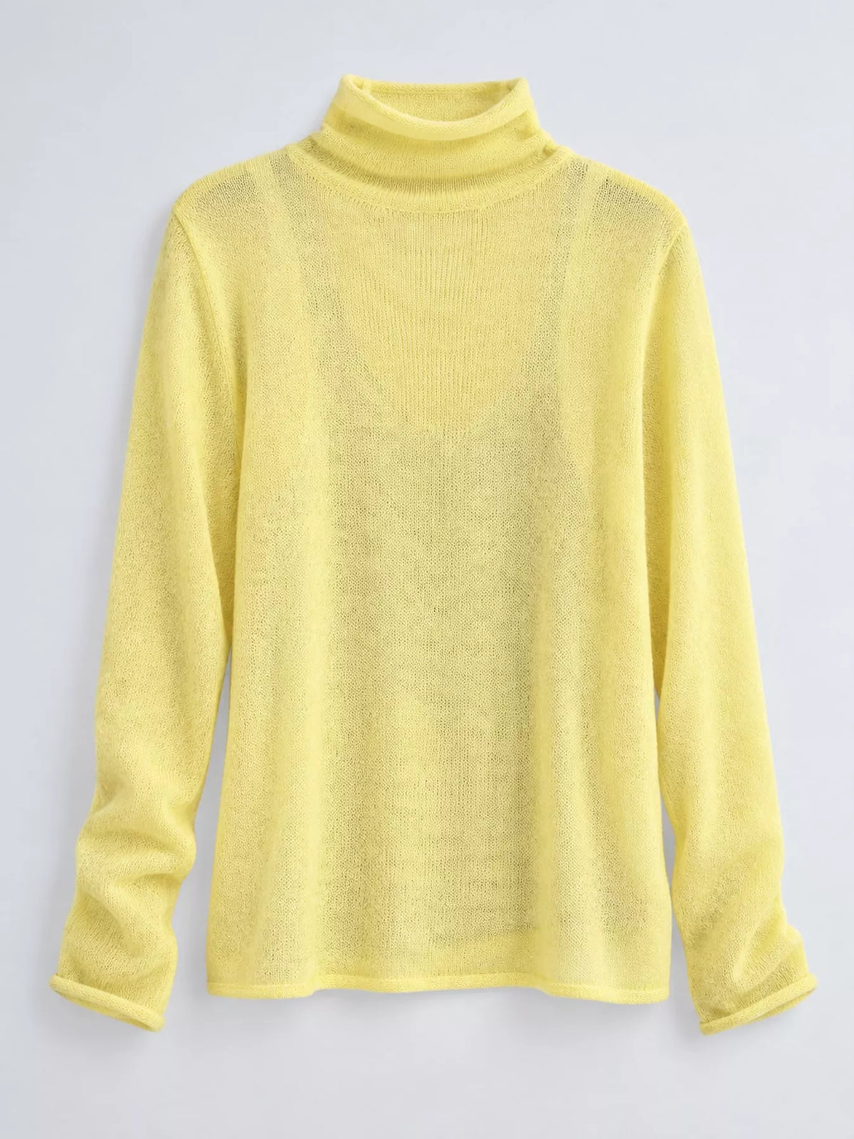 Women's Sheer Turtleneck Knit Top in yellow — flat lay view