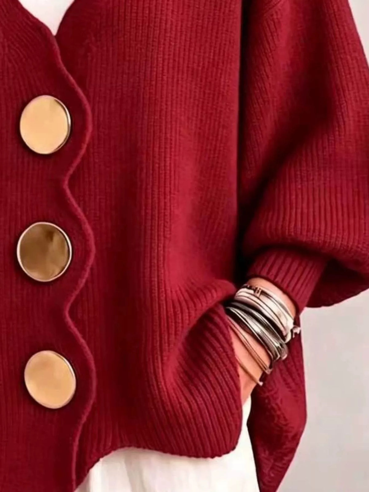 Women's Scalloped-Edge Oversized Button-Down Cardigan in Red, back view