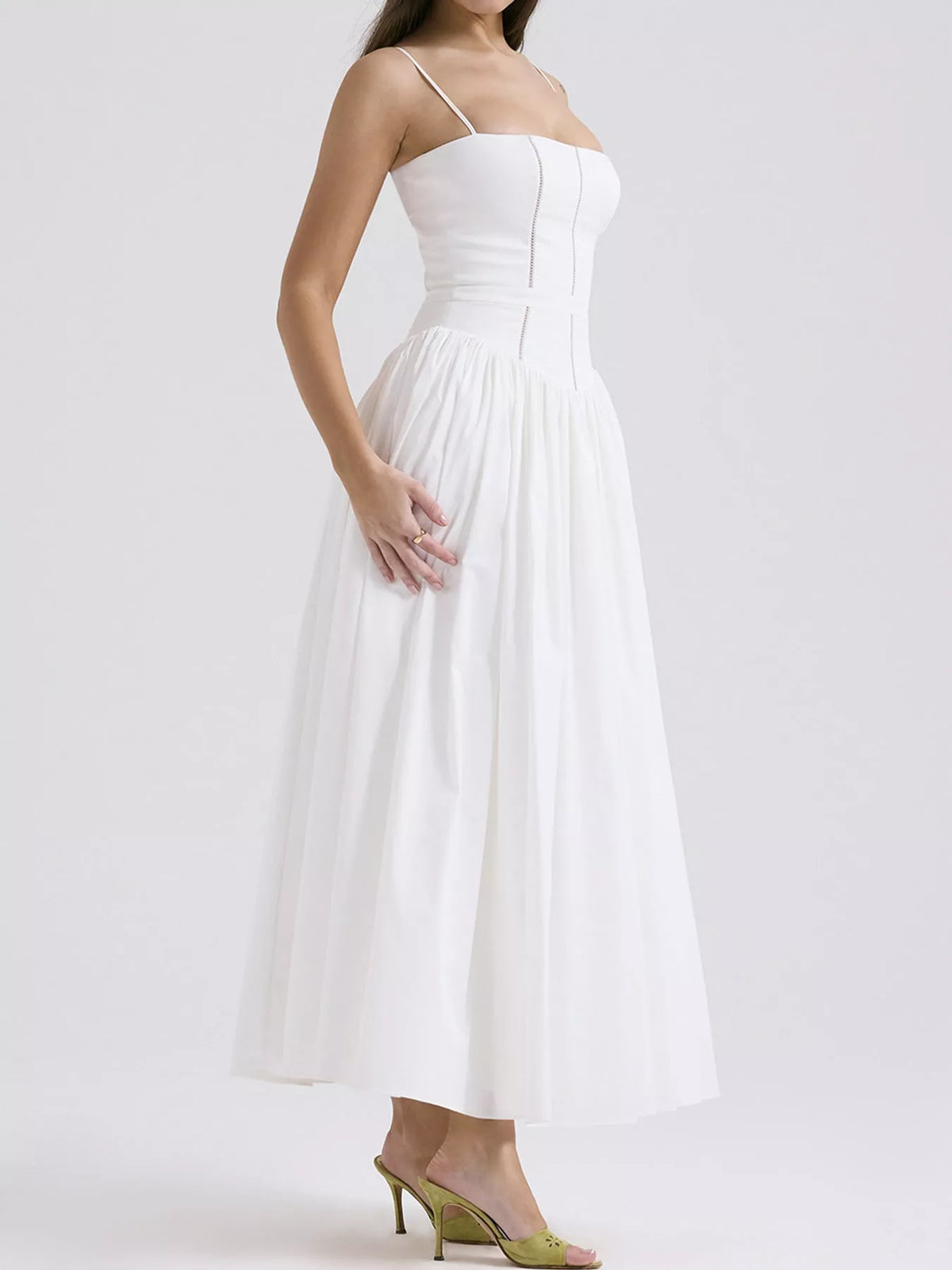 Women's Paneled Bodice Gathered Midi Dress in white — side view