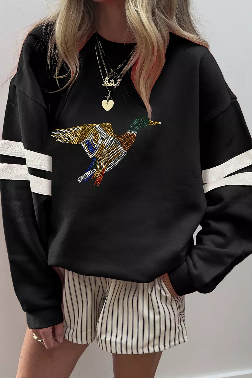 Black rhinestone mallard striped-sleeve sweatshirt, mallard detail