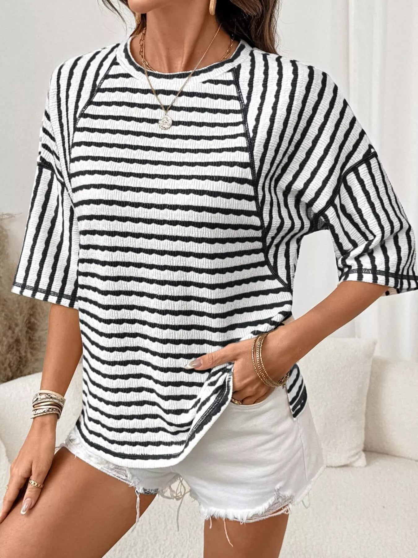 Trendsi Casual Striped Raglan Sleeve Textured T-Shirt -
