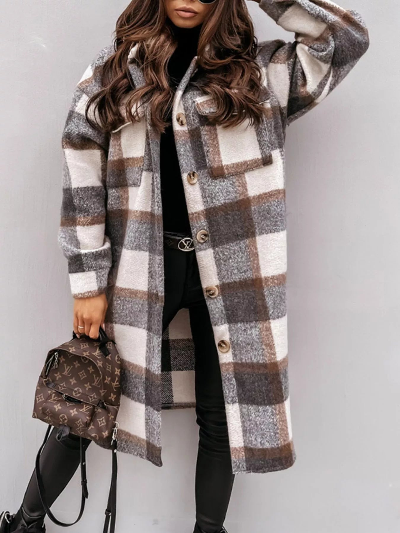 Trendsi Longline Plaid Button Up Coat -