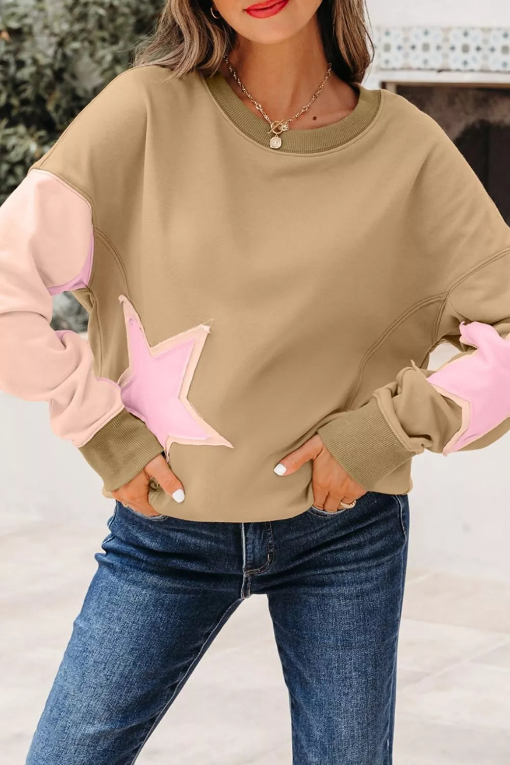 Trendsi Star Patch Crew Neck Sweatshirt -