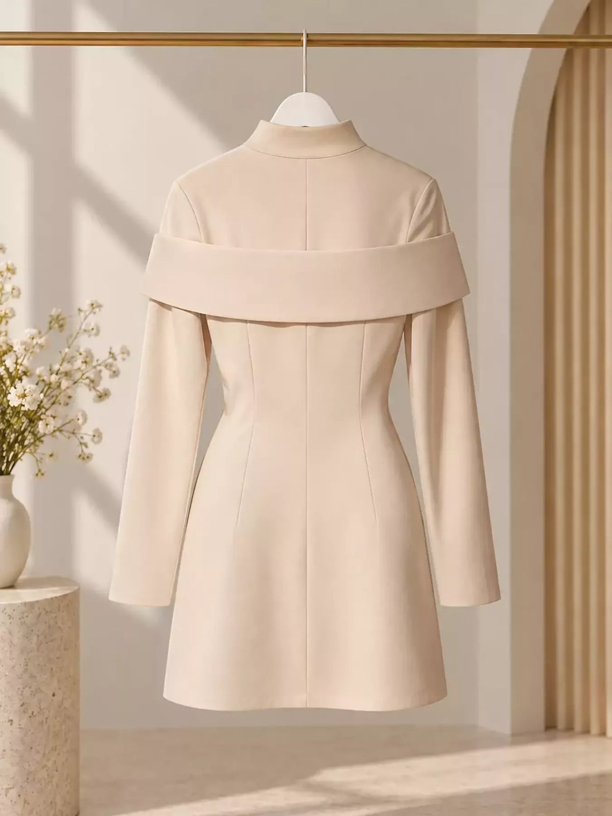 Women's Mock Neck Button Front Mini Dress in cream — back view