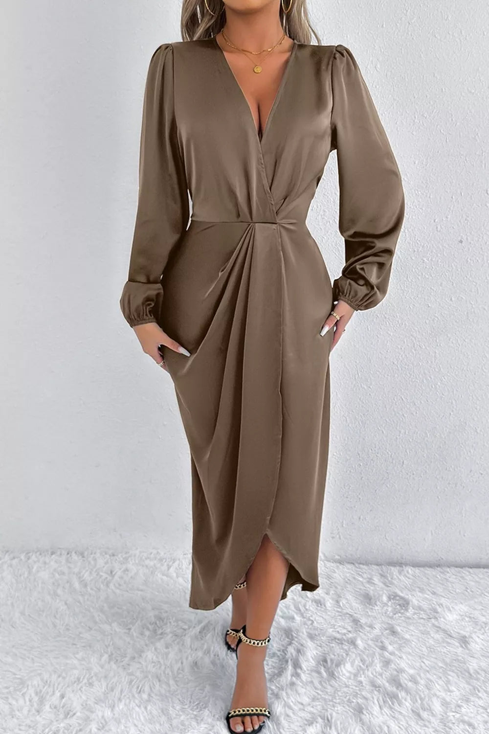 Trendsi Satin Balloon Sleeve Midi Dress -