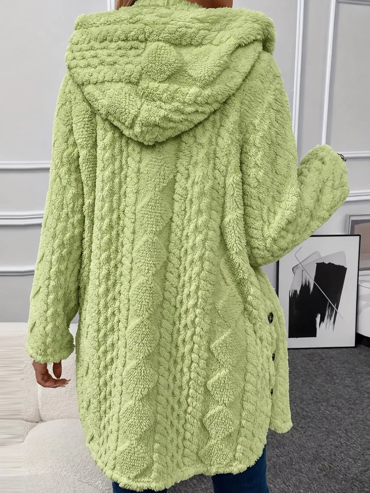 Green cable knit faux fur hooded jacket, back view
