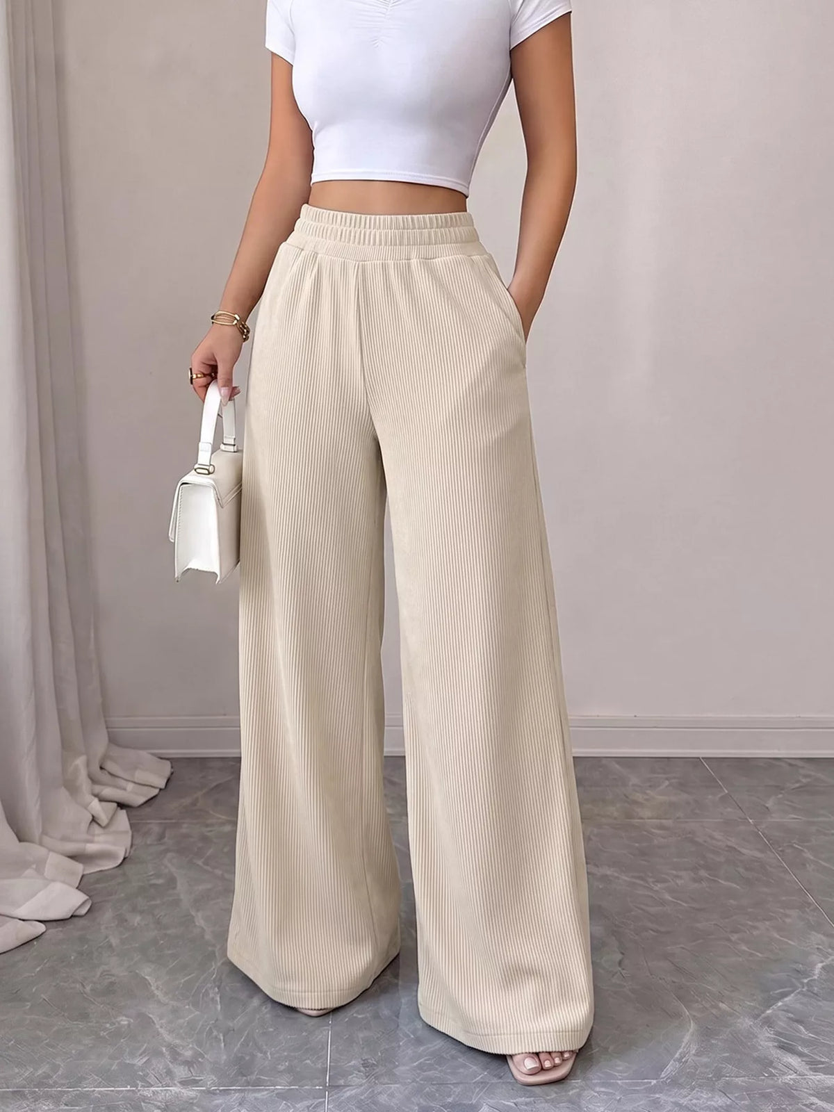 High-Waisted Wide-Leg Casual Pants with Elastic Waistband, front view