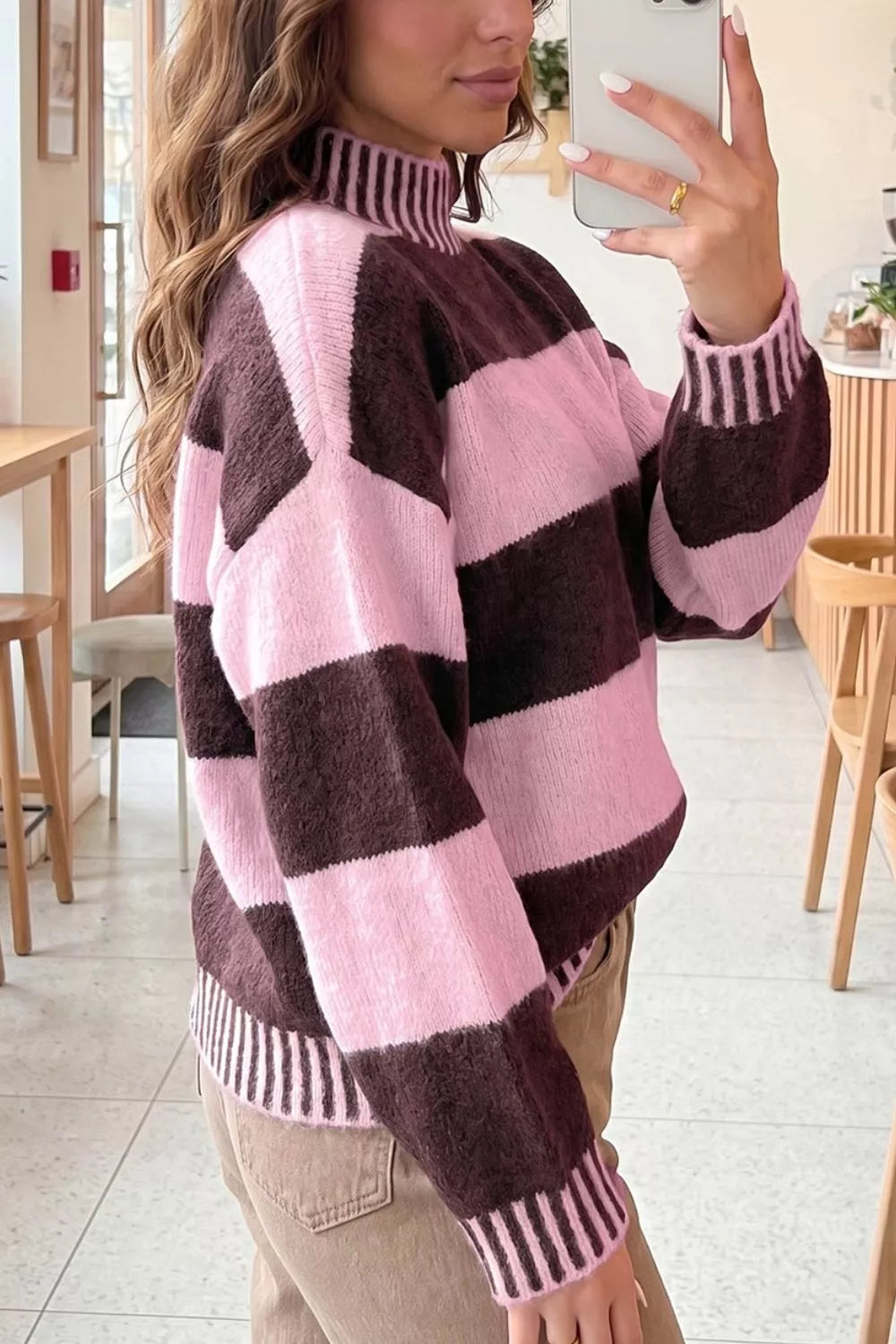 Trendsi Stripe Contrast High Neck Dropped Shoulder Relaxed Sweater -
