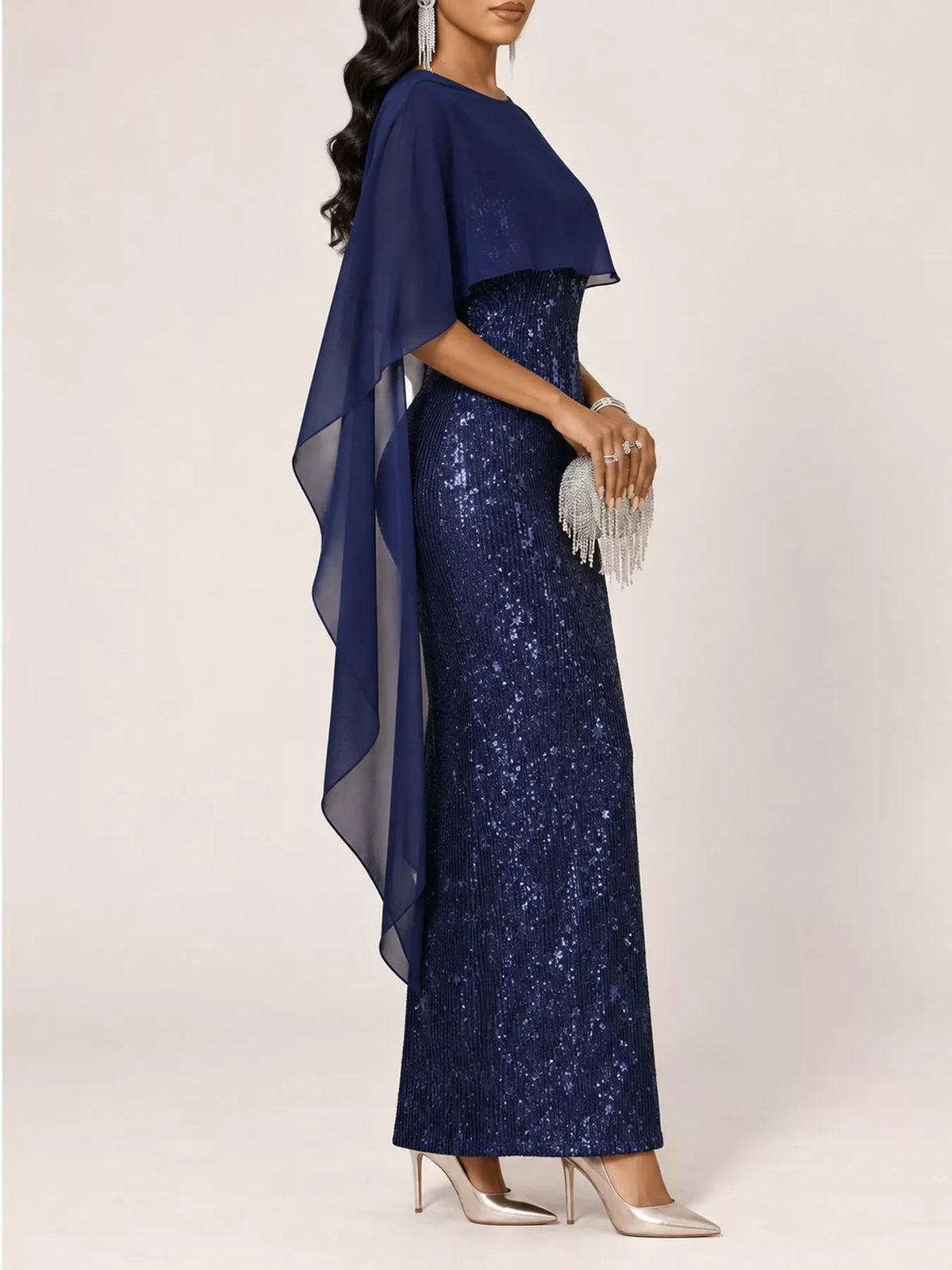Women's Sequin Cape Overlay Evening Dress in navy — side view