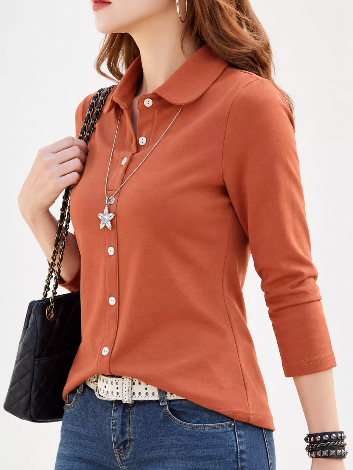 Orange button-down shirt, side view