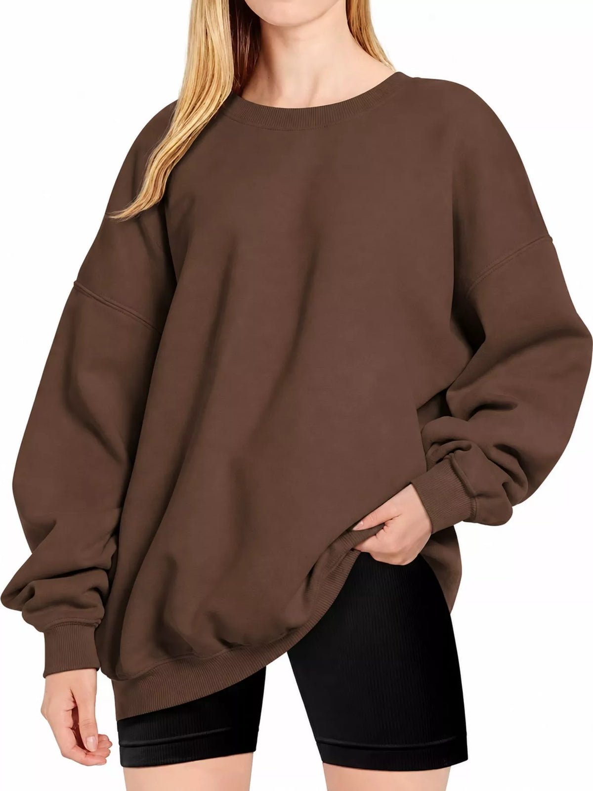 Ribbed Trim Crew Neck Sweatshirt in brown, front view