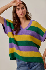 Trendsi SO ME Mardi Gras Loose Fit V Neck Stripe Sweater Top -