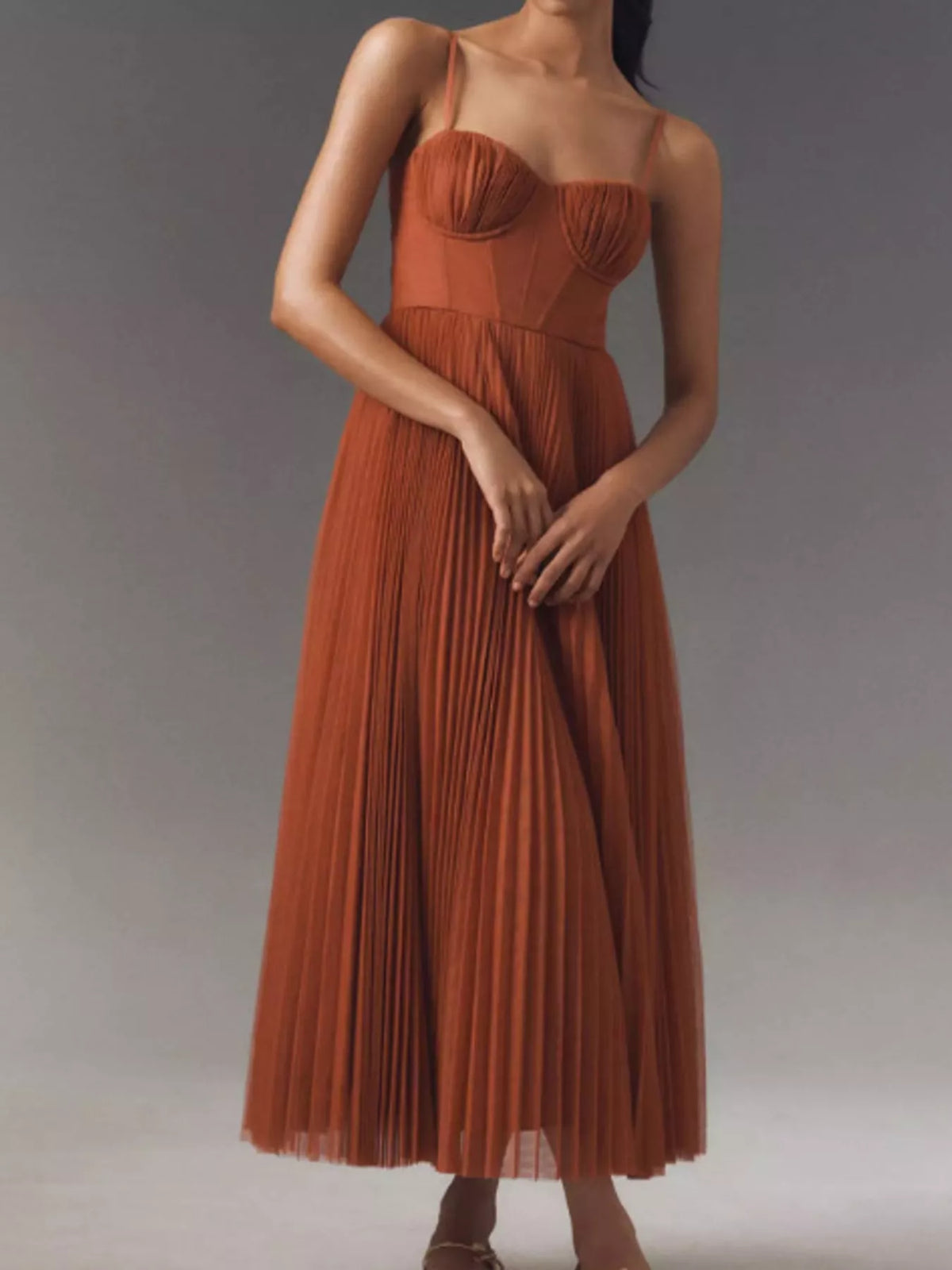 Rust pleated sweetheart neck midi dress — front view