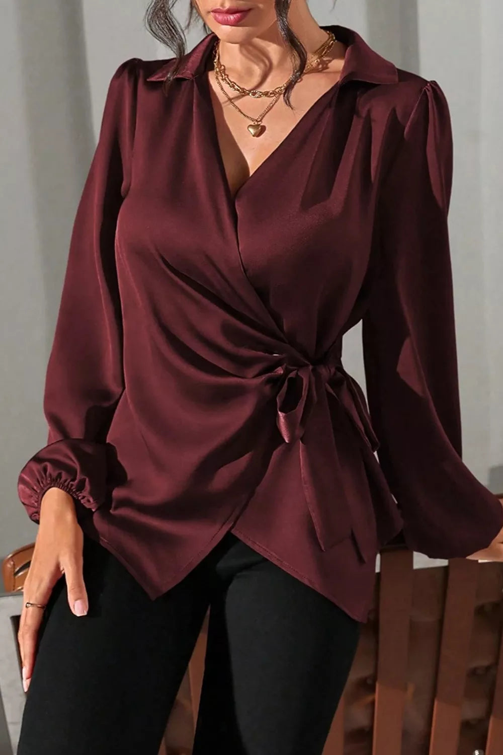 Trendsi Satin Tied Detail Long Sleeve Blouse -
