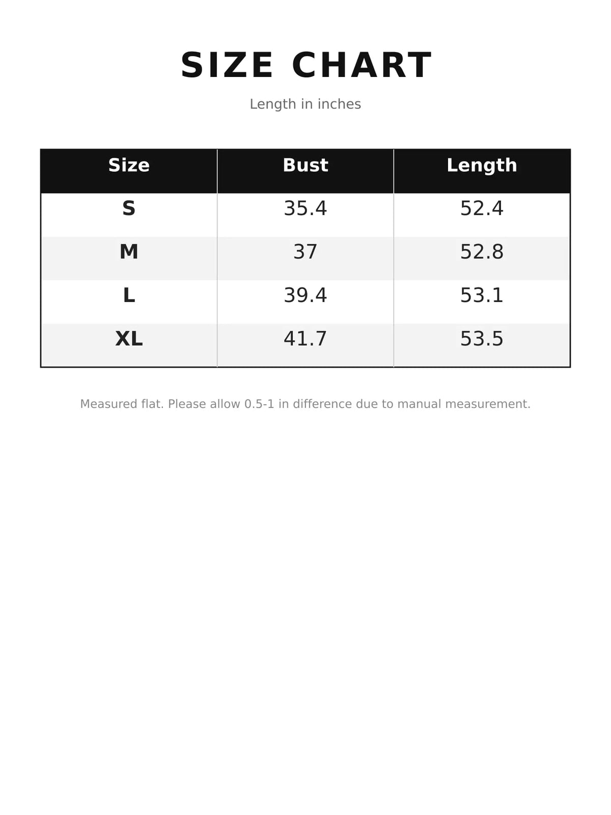 Size chart for asymmetric button-down midi coat
