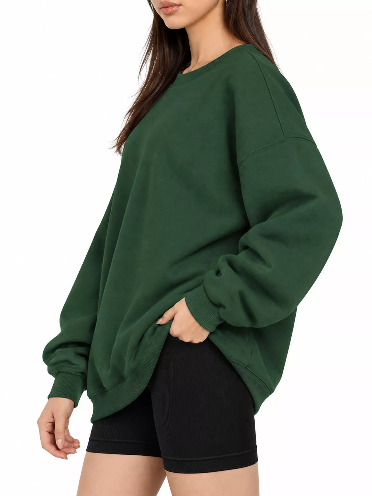 Ribbed Trim Crew Neck Sweatshirt in green, side view