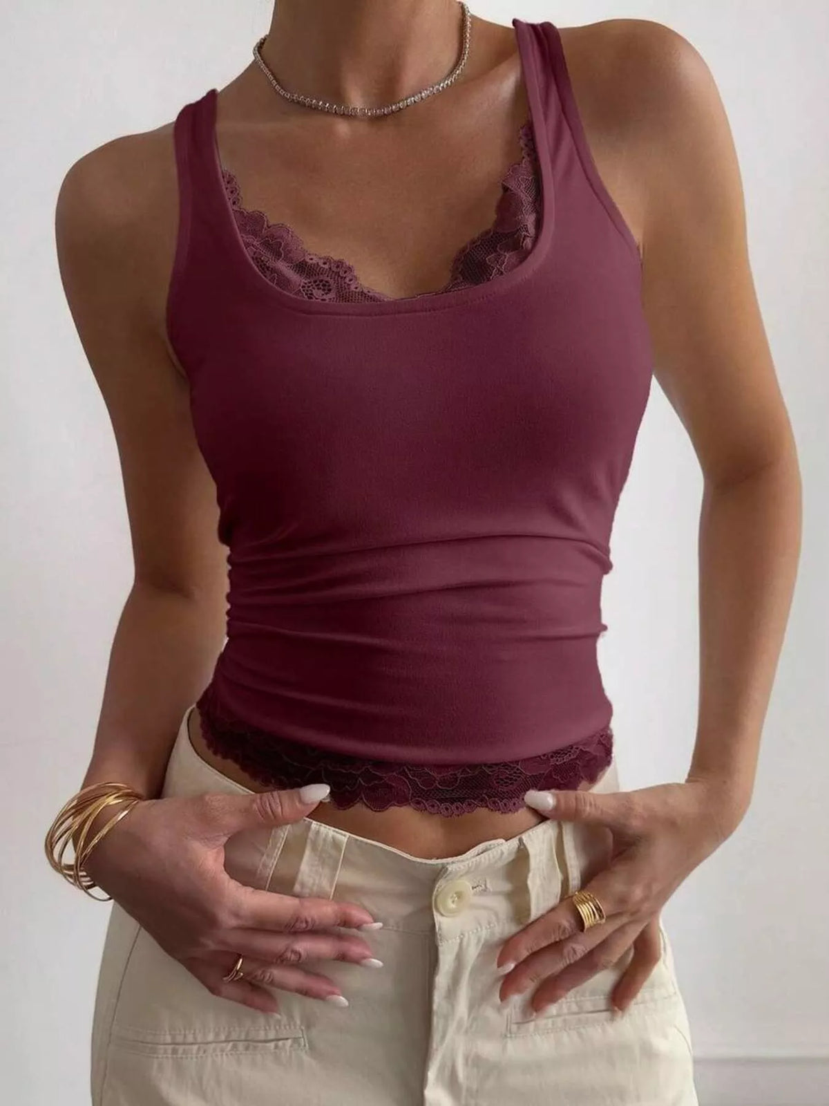 Lace Detail Wide Strap Tank in burgundy, front view
