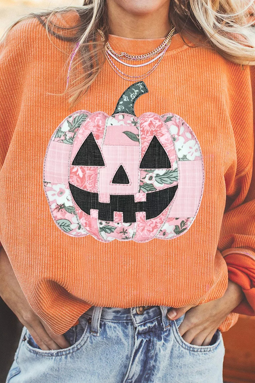 Trendsi Patchwork Pumpkin Graphic Corded Ribbed Round Neck Tunic Sweatshirt -