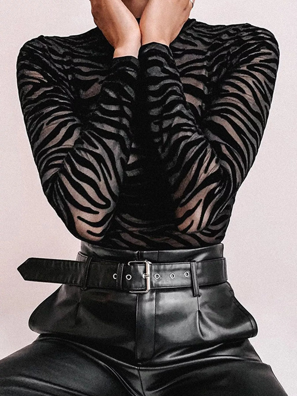 Zebra Print Mock Neck Long Sleeve Bodysuit — front view
