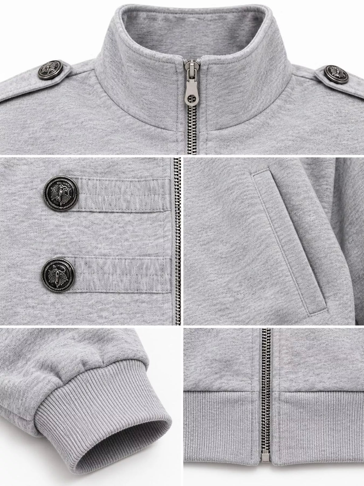 Gray zip up long sleeve jacket, detail view