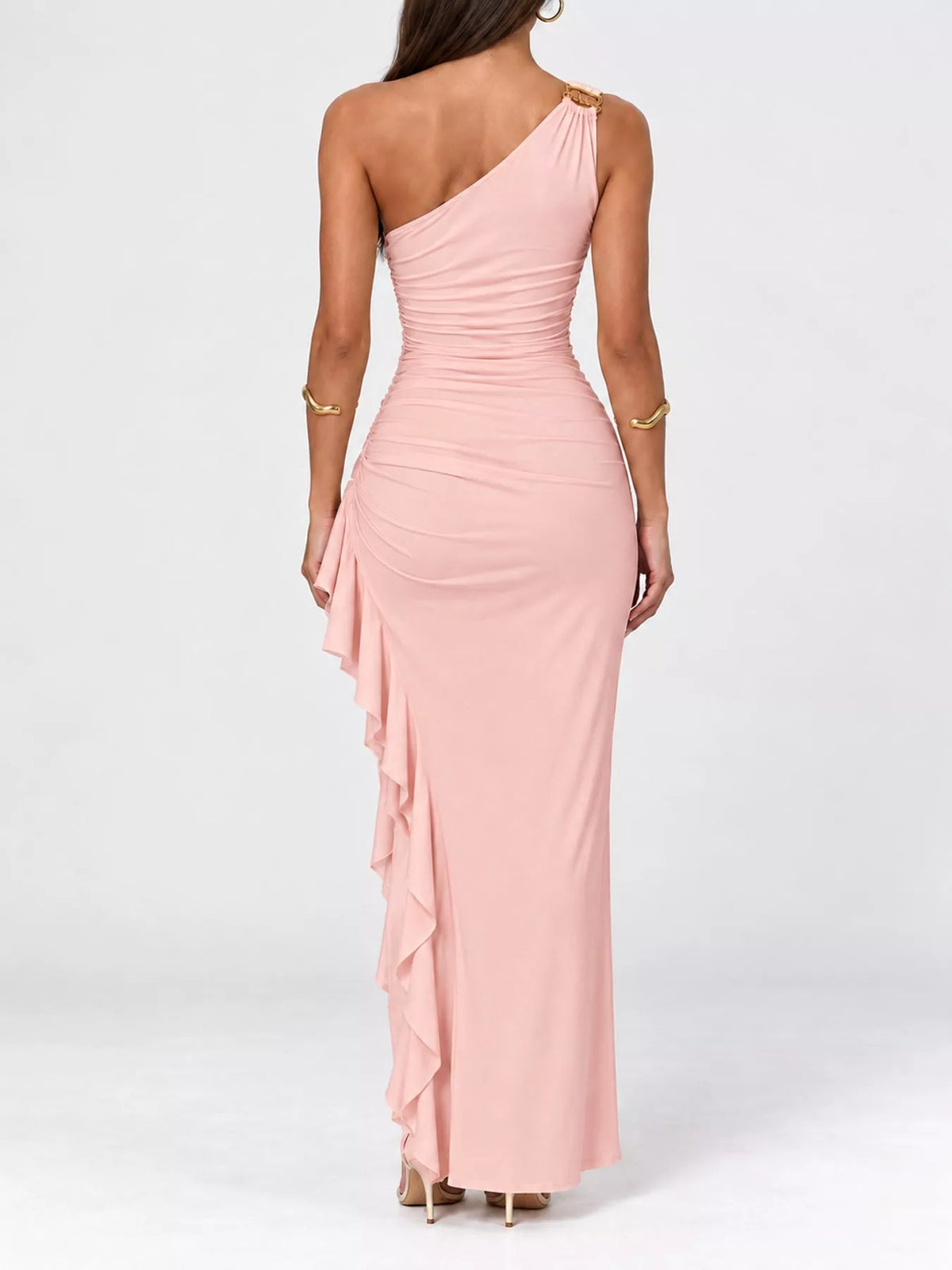 Pink one shoulder ruched ruffle hem maxi dress, back view