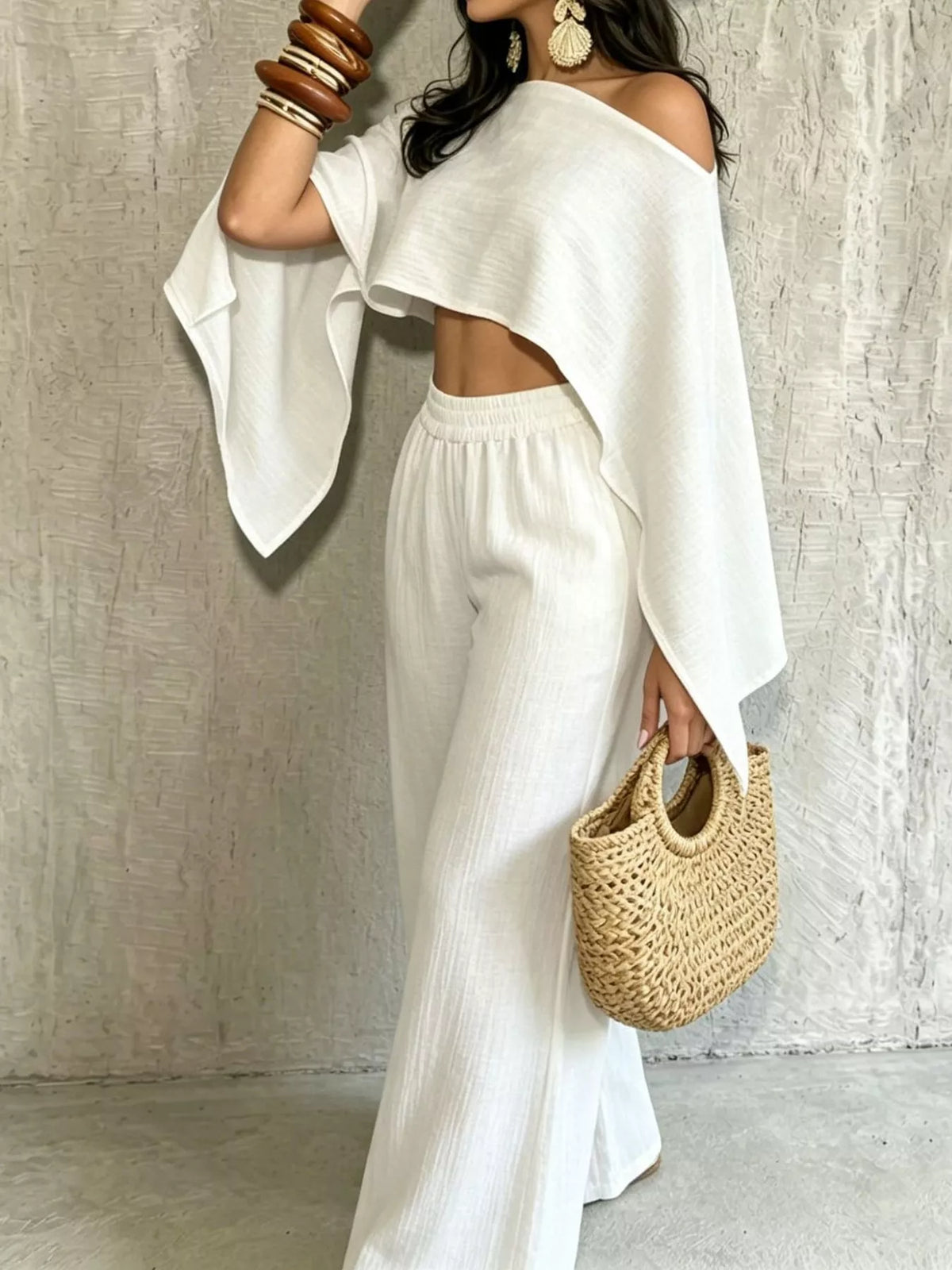 Women's Boat Neck Crop Top and Wide-Leg Pants Set in white — side view